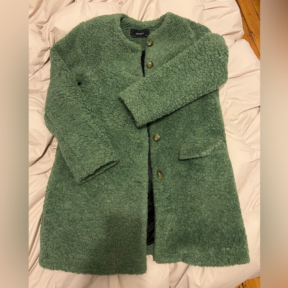 ZARA Green Teddy Coat Size Large